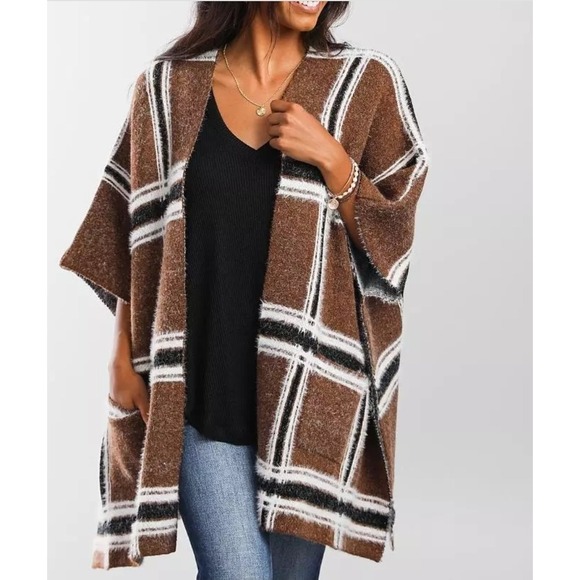 Buckle Black Eyelash Brown Plaid Open Front Poncho Oversized Sweater Cardigan - Picture 1 of 13